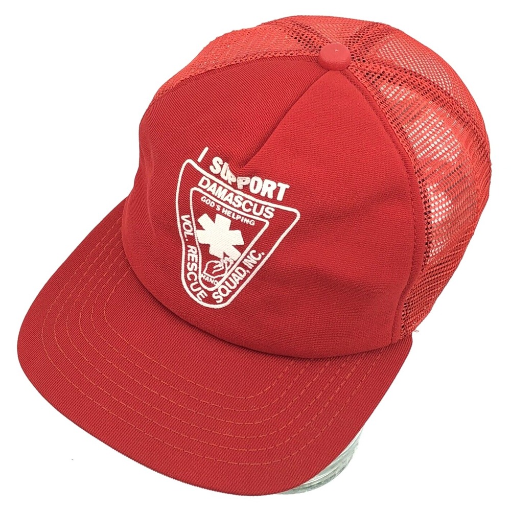 Vintage Trucker Hat Cap Snap Back Red USA Puffy Print 80s Foam Mesh Rescue Squad